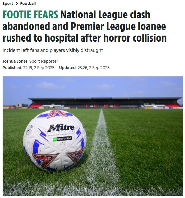 开云体育app-太阳报：英第五级联赛球员头部碰撞致赛事紧急中止